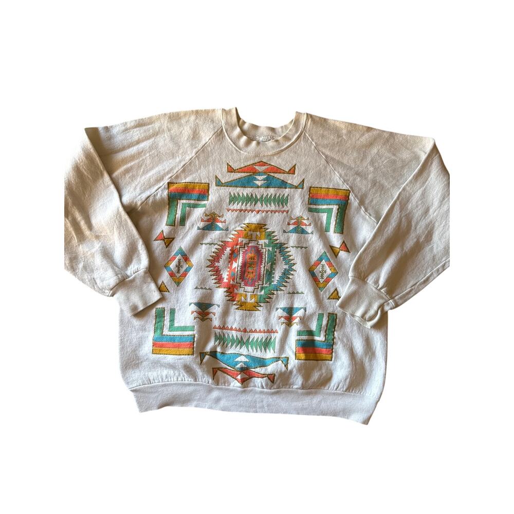Vintage Colorful Aztec Print Women's Small White Raglan Crewneck Sweatshirt